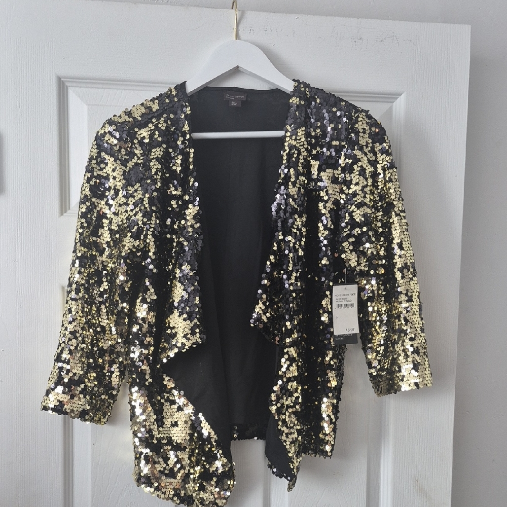 Free Press Black & Gold Sequin Open-Front Blazer | Party Holiday Jacket